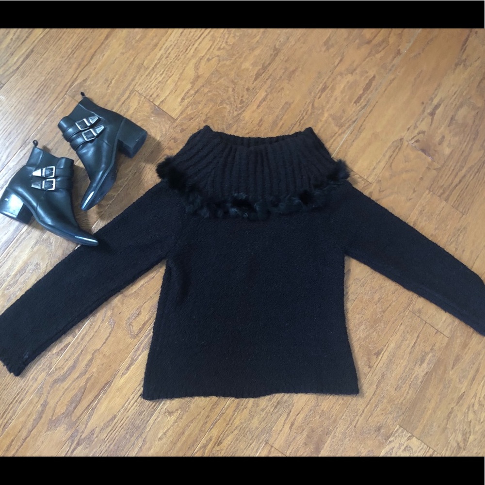 Fur trim fold over knitted sweater